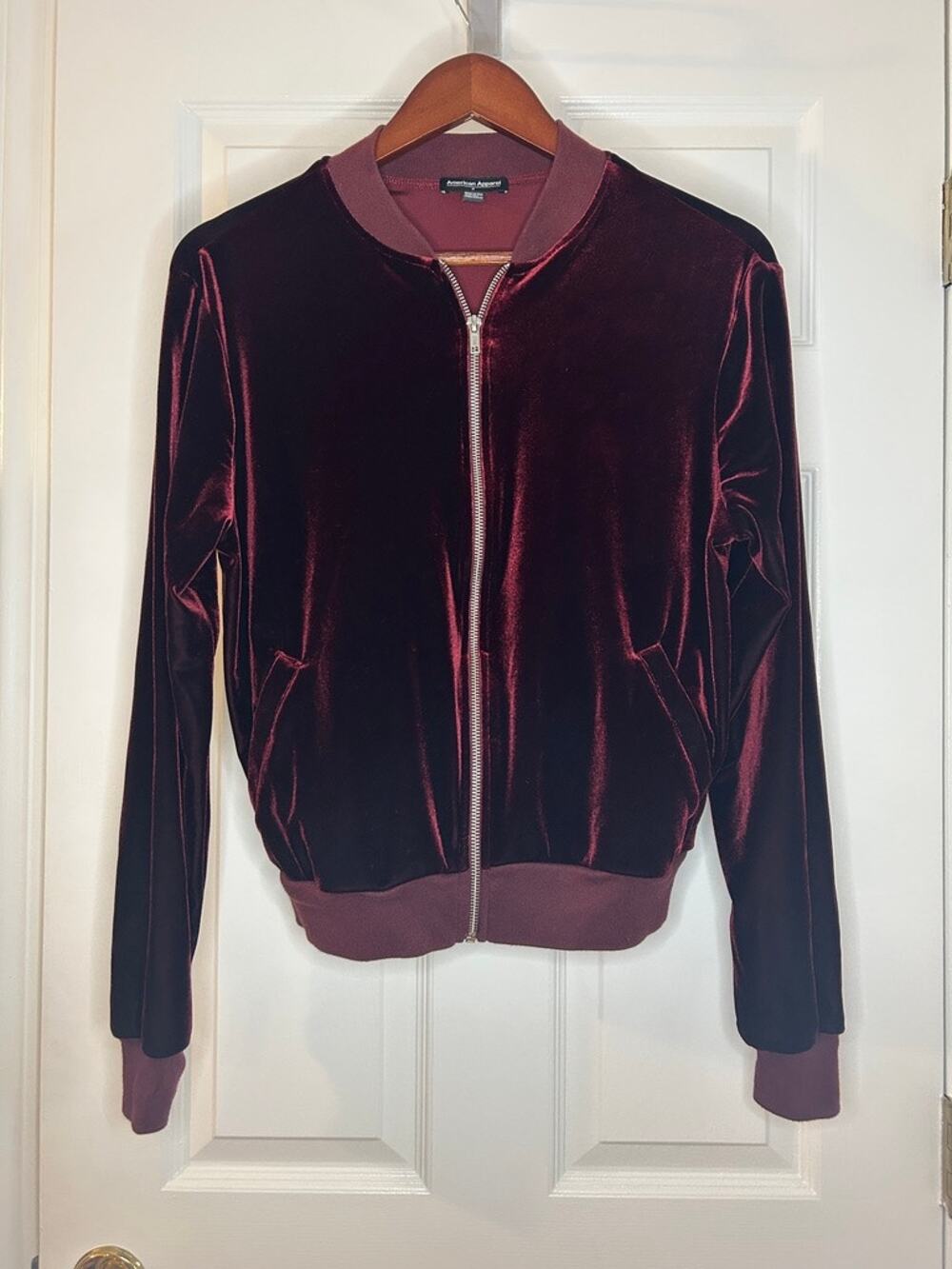 American Apparel Velvet Bomber Jacket Women’s M Burgundy Made USA Y2K
